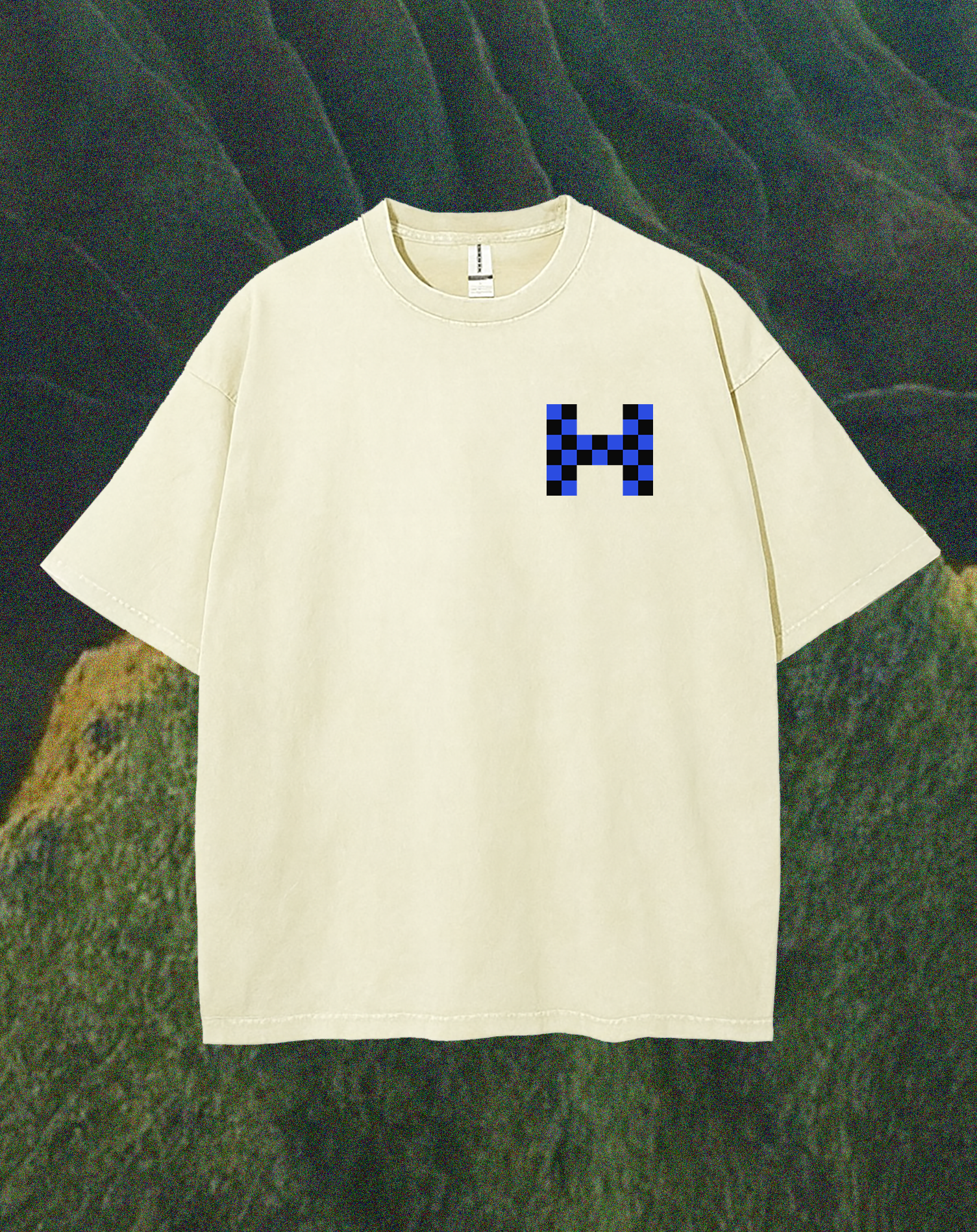 Template Minimalist Beige T-Shirt Design With Blue Logo