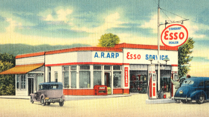 Vintage Gas Station Poster with Red and Blue Theme