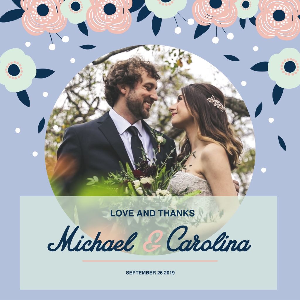 Elegant Wedding Thanks Postcard Design Blue Pink