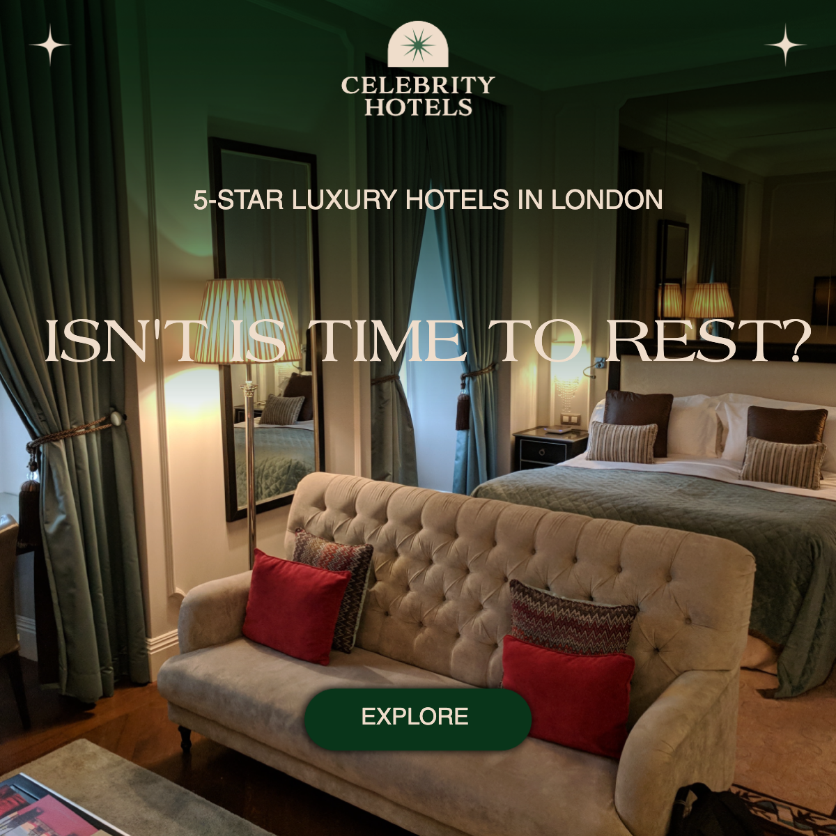 Elegant Green and Gold Hotel Ad Template