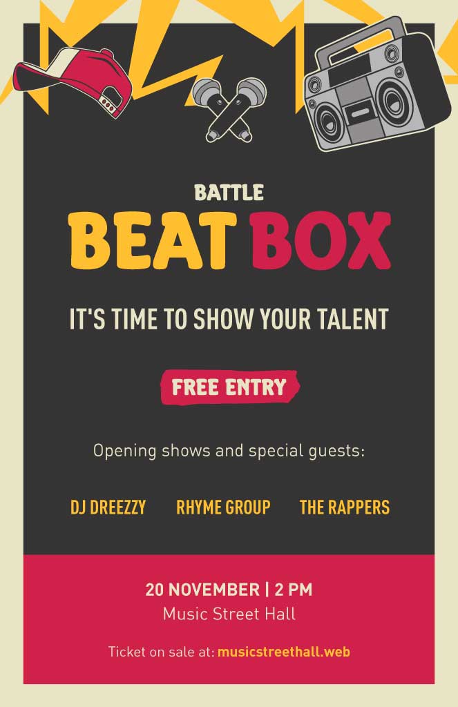 Vibrant Red and Yellow Beat Box Battle Poster