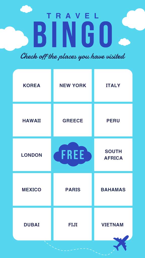 Sky Blue Travel Bingo Game Poster