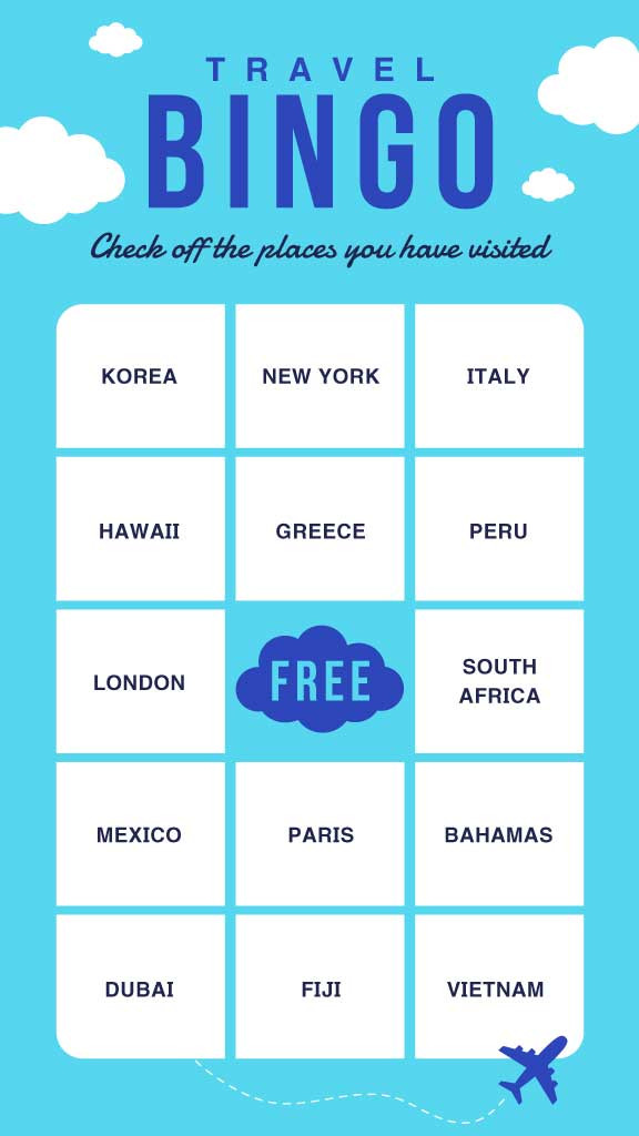 Template Sky Blue Travel Bingo Game Poster