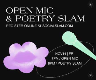 Electric Black Poetry Slam Poster with Purple Accents