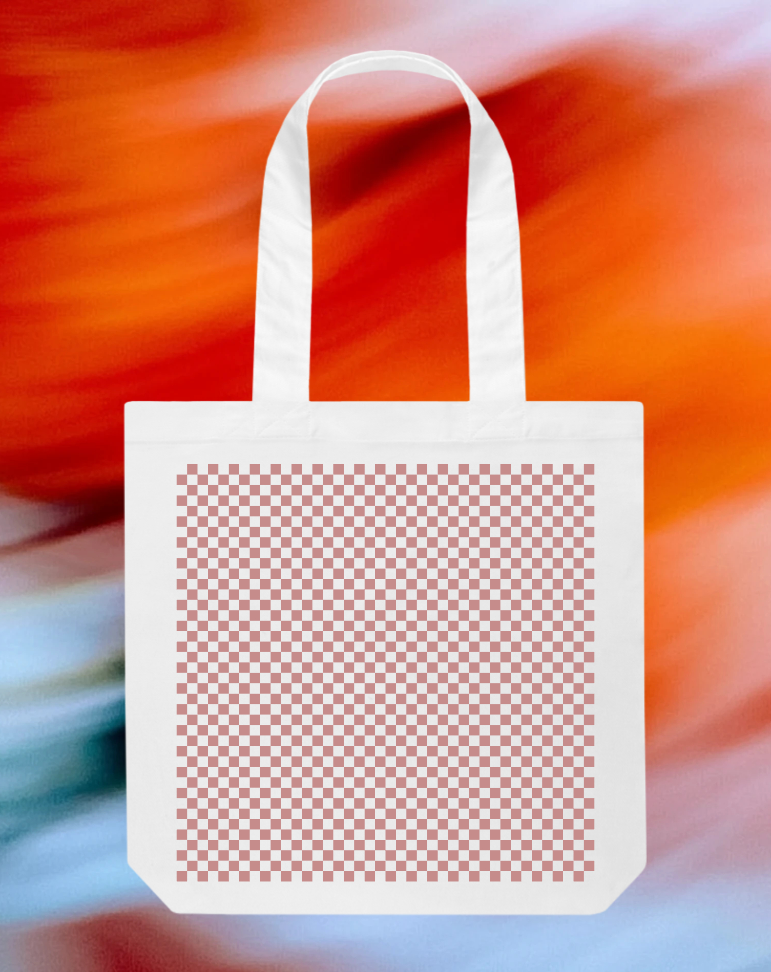 Template Vibrant Orange Tote Bag Design with Checkerboard Pattern
