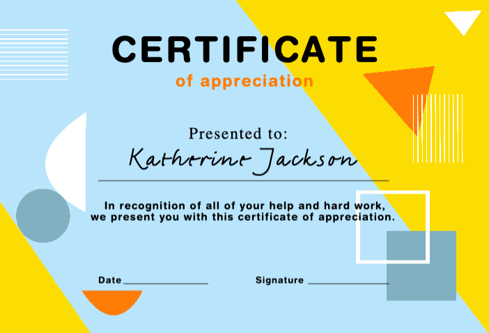 Bright Yellow Blue Appreciation Certificate Template