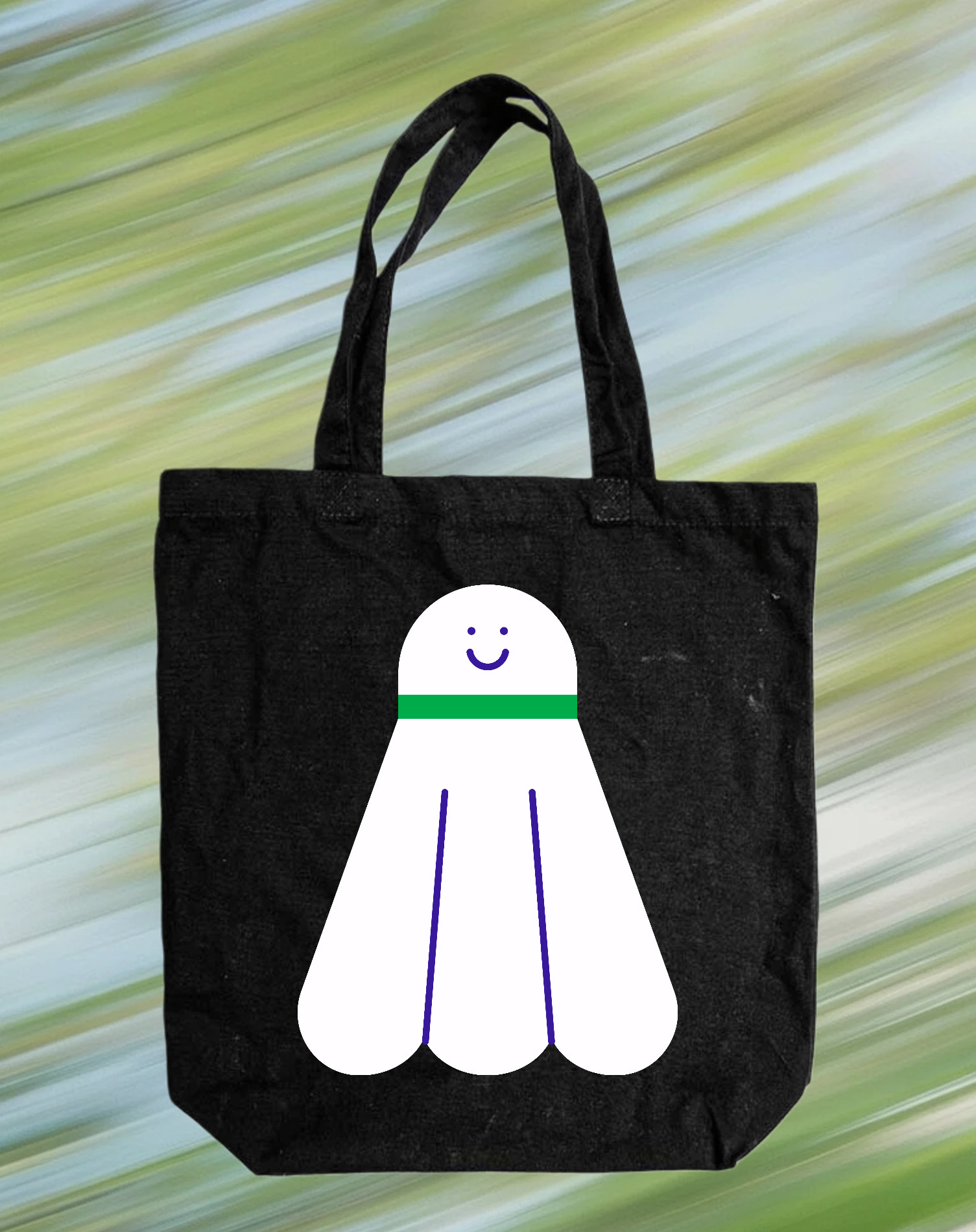Playful Black Tote Bag Design with Friendly Ghost