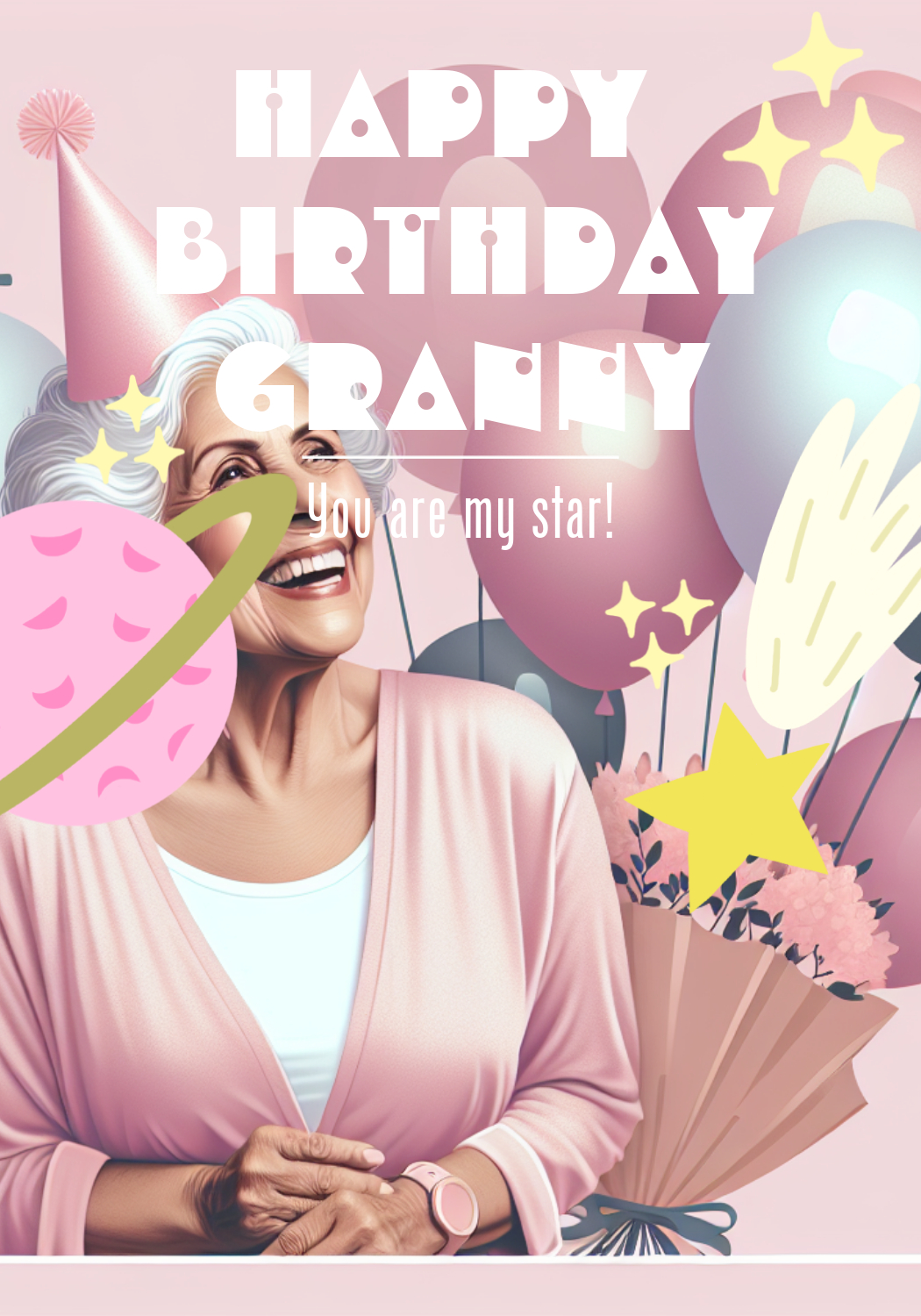 Cheerful Birthday Granny Poster in Pink and Purple