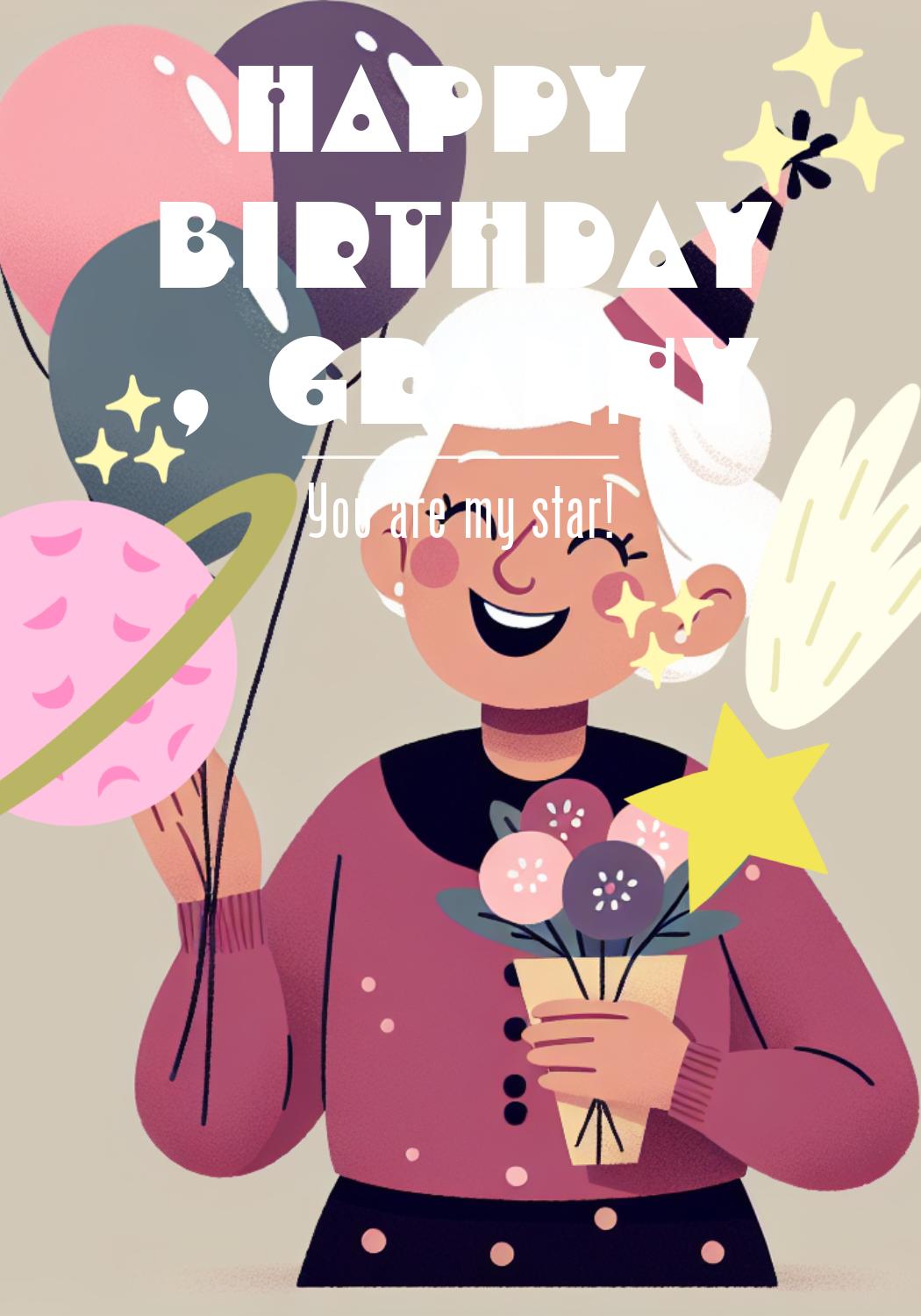 Cheerful Birthday Granny Poster in Pink and Purple