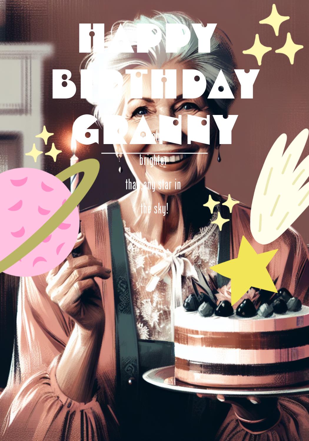 Cheerful Birthday Granny Poster in Pink and Purple