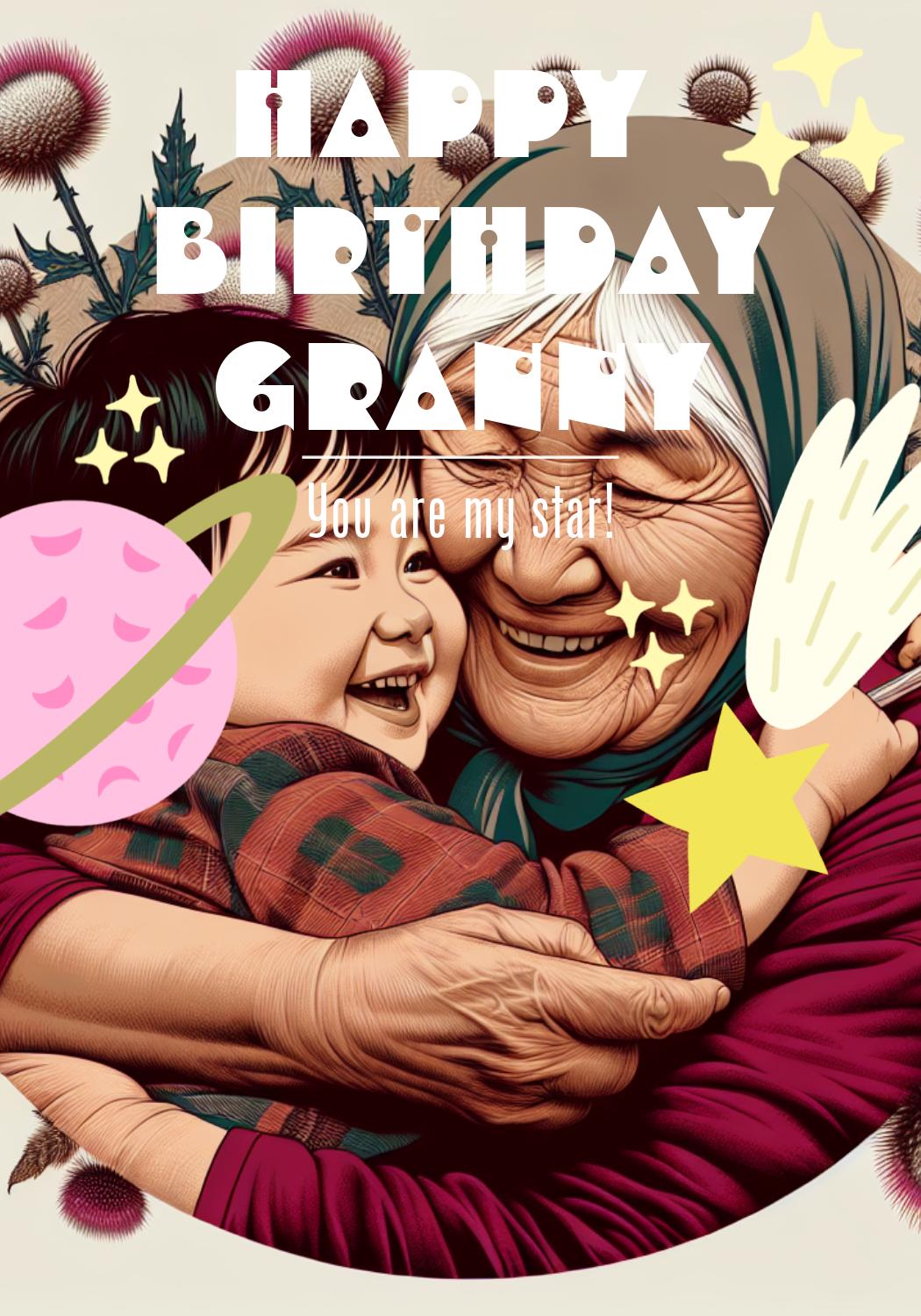 Cheerful Birthday Granny Poster in Pink and Purple