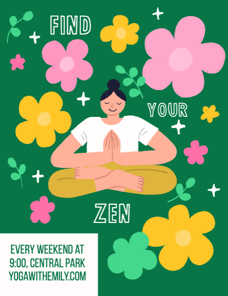 Green Yoga Class Poster with Floral Accents