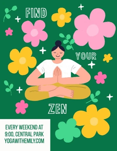 Template Green Yoga Class Poster with Floral Accents