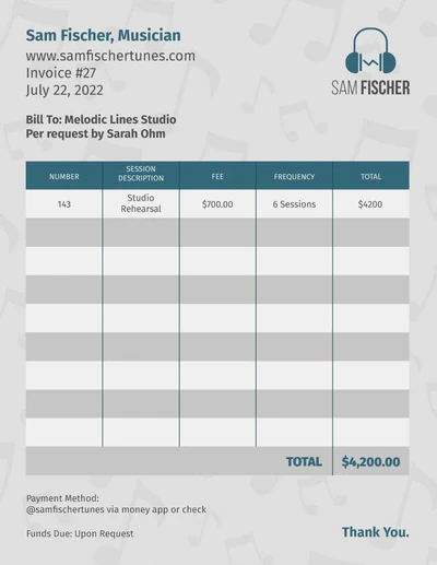 Template Sleek Teal Musician Invoice Template Design