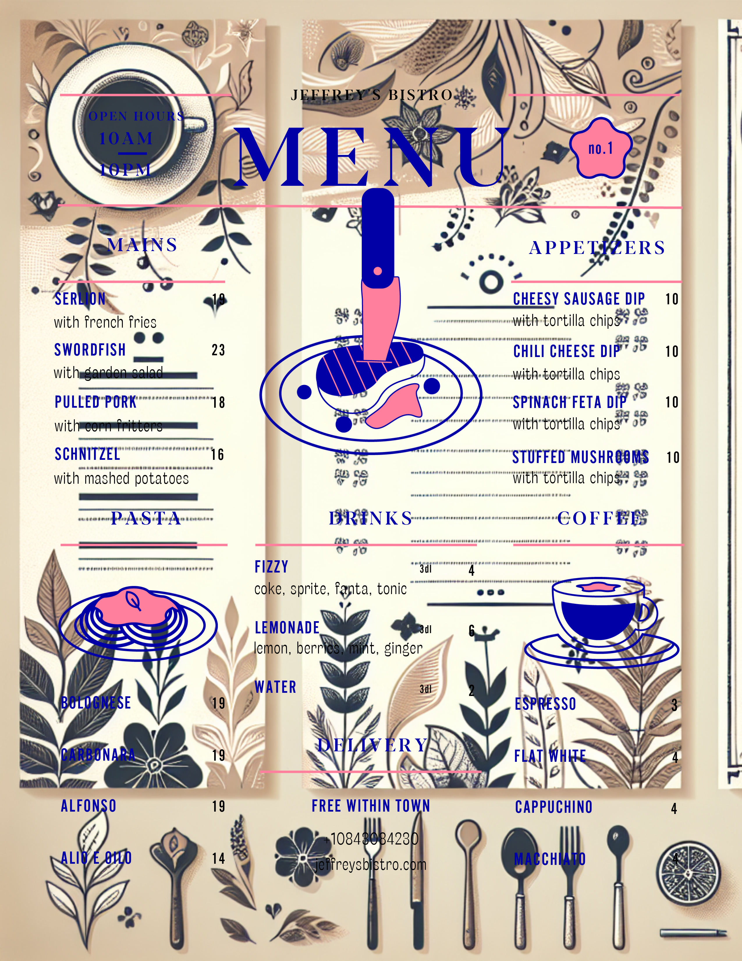 Elegant Blue and Pink Restaurant Menu Template