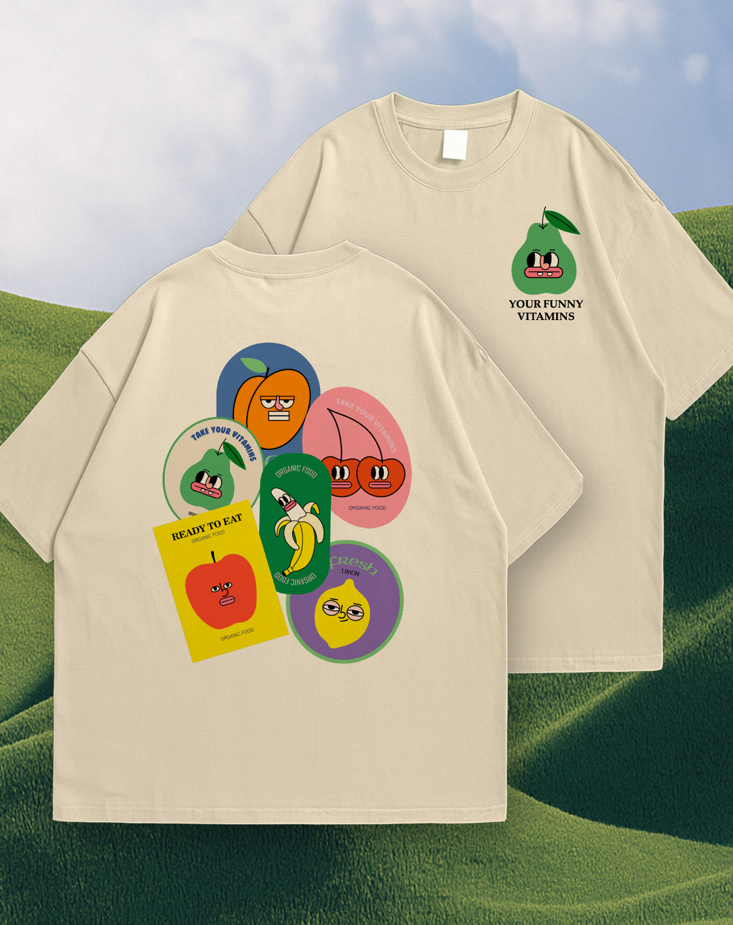 Template Unique Beige T-Shirt Design With Funny Vitamins