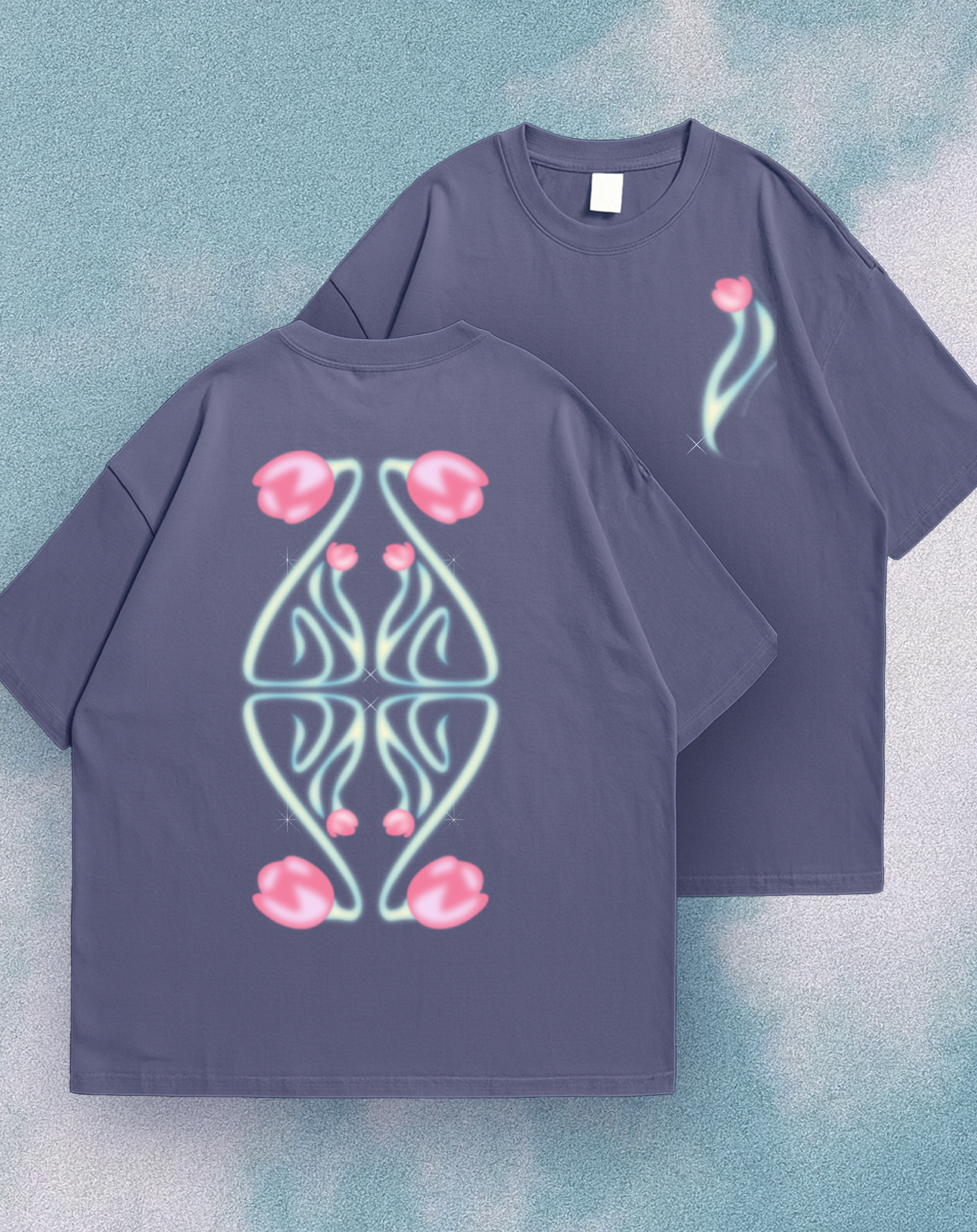 Template Artistic Blue T-Shirt Design With Florals