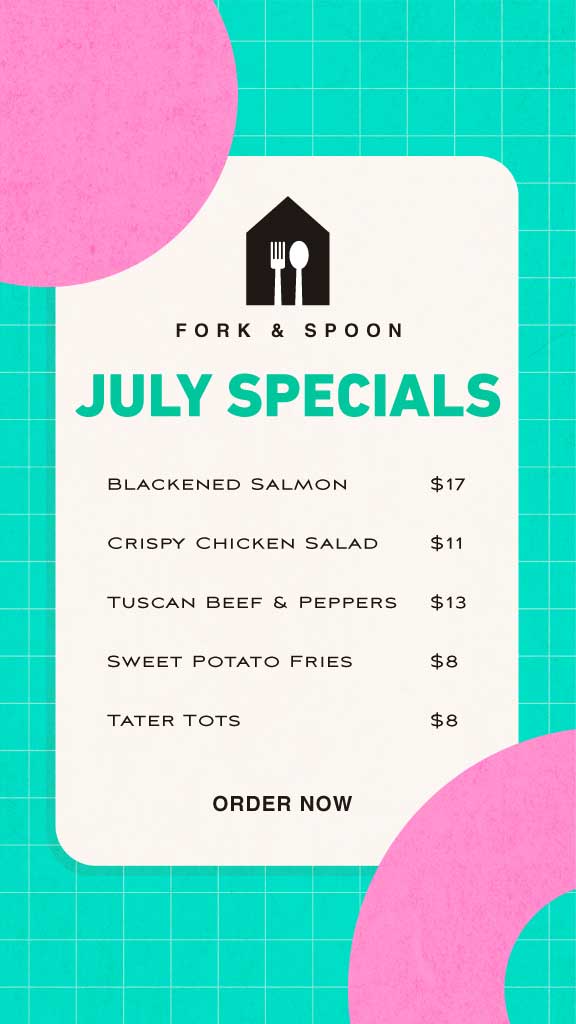 July Specials Teal and Pink Restaurant Ad