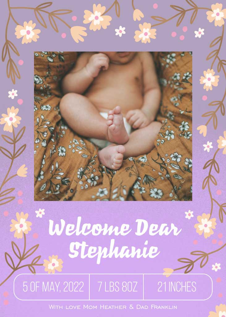 Template Lilac and Brown Baby Arrival Announcement Poster
