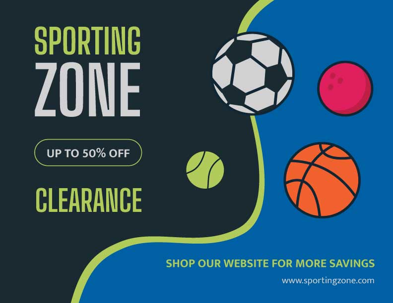 Sporting Goods Clearance Ad Blue and Green Highlights