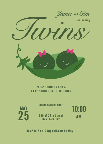 Charming Green Twins Baby Shower Invitation