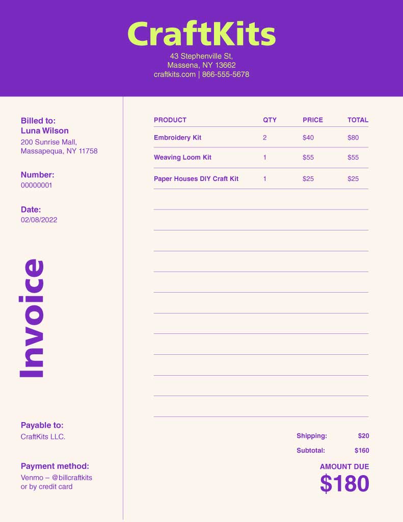 Sleek Purple Invoice Template for Craft Businesses