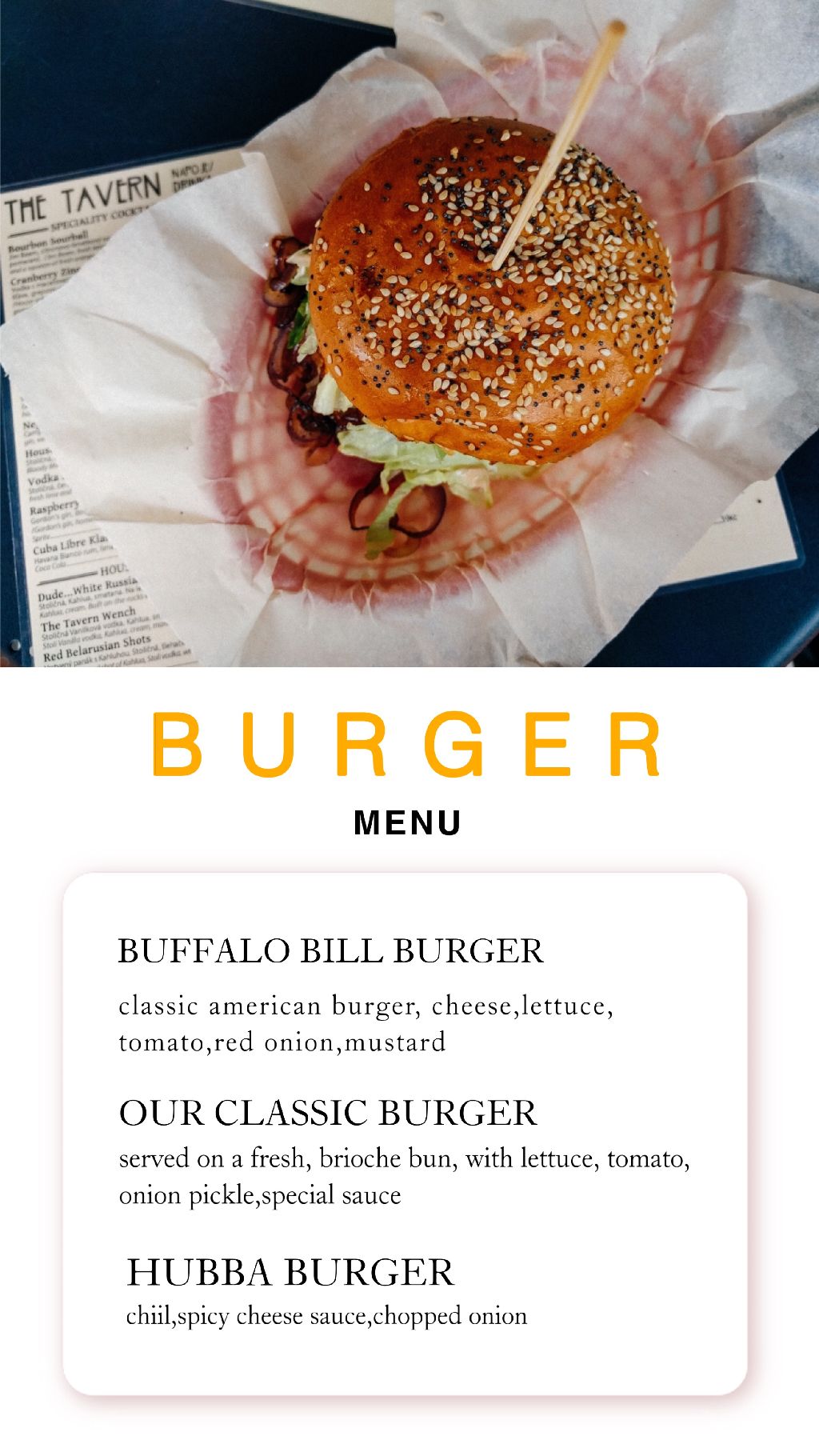 Gourmet Burger Menu Poster with Orange Accent