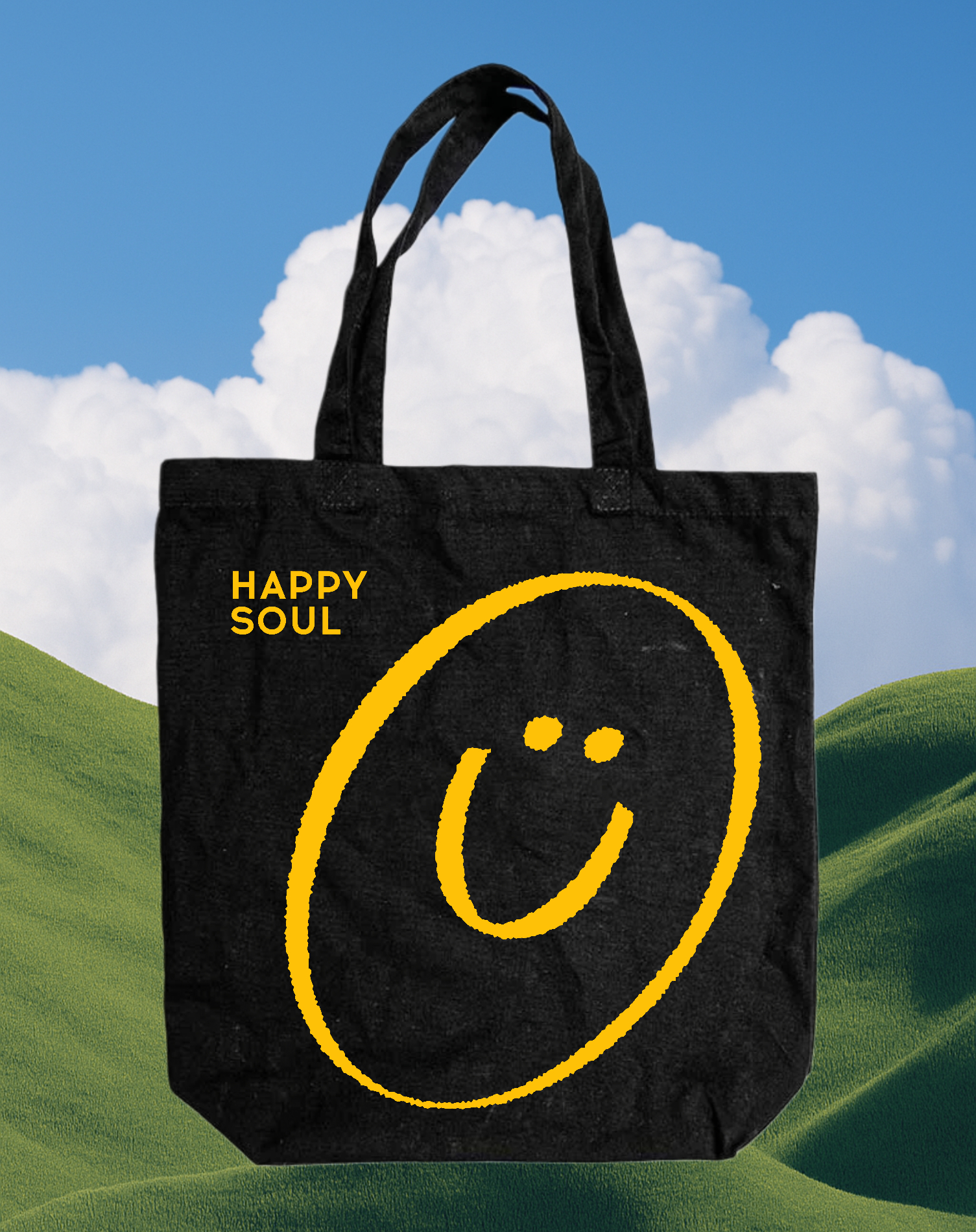 Template Black Tote Bag Design With Vibrant Yellow Smiley
