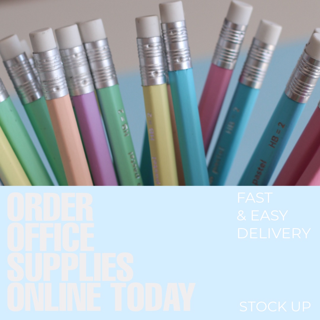 Stock Up Office Supplies Ad Blue Pink Highlight