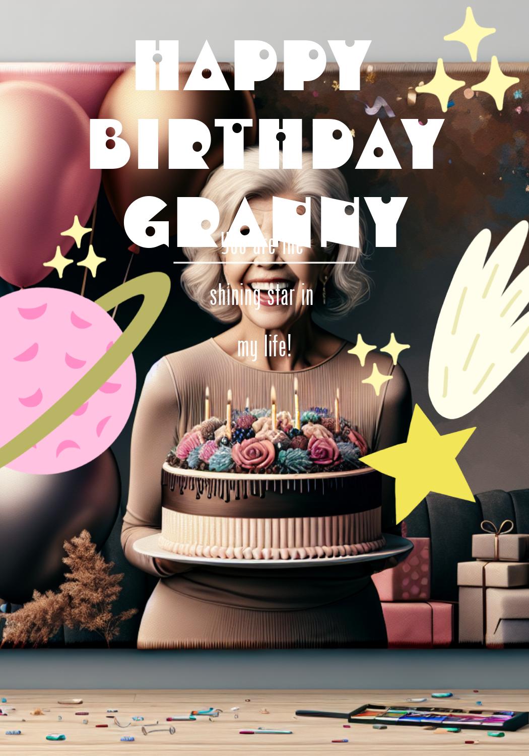 Cheerful Birthday Granny Poster in Pink and Purple