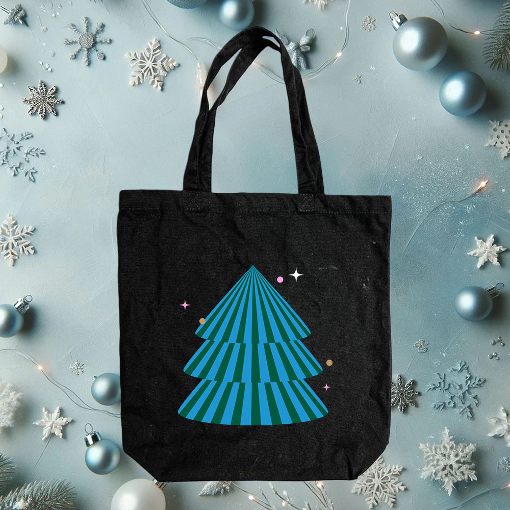 Template Festive Black Tote Bag With Blue Tree