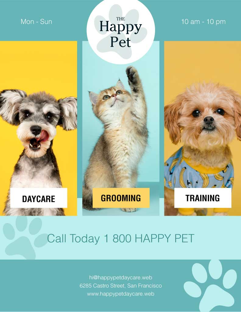 Template Cheerful Pet Care Services Poster Yellow Blue