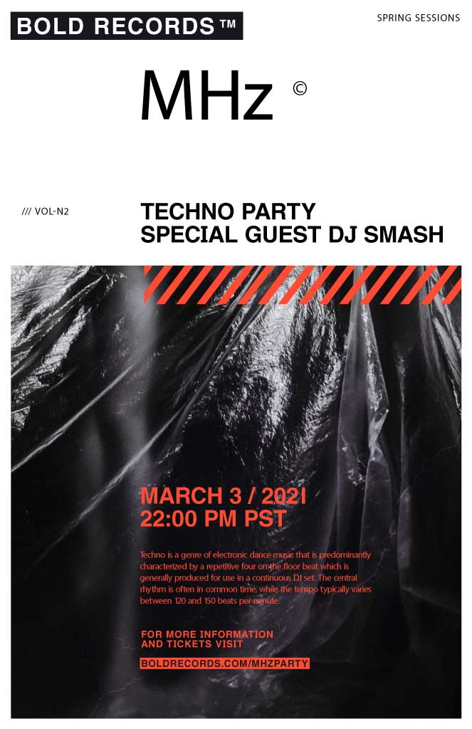 Energetic Techno Party Poster Design in Red and Black