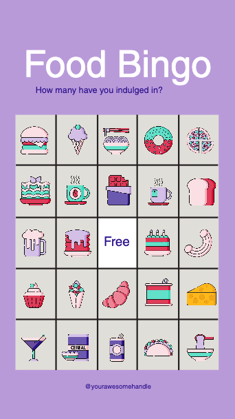 Template Purple Delight Food Bingo Game Post