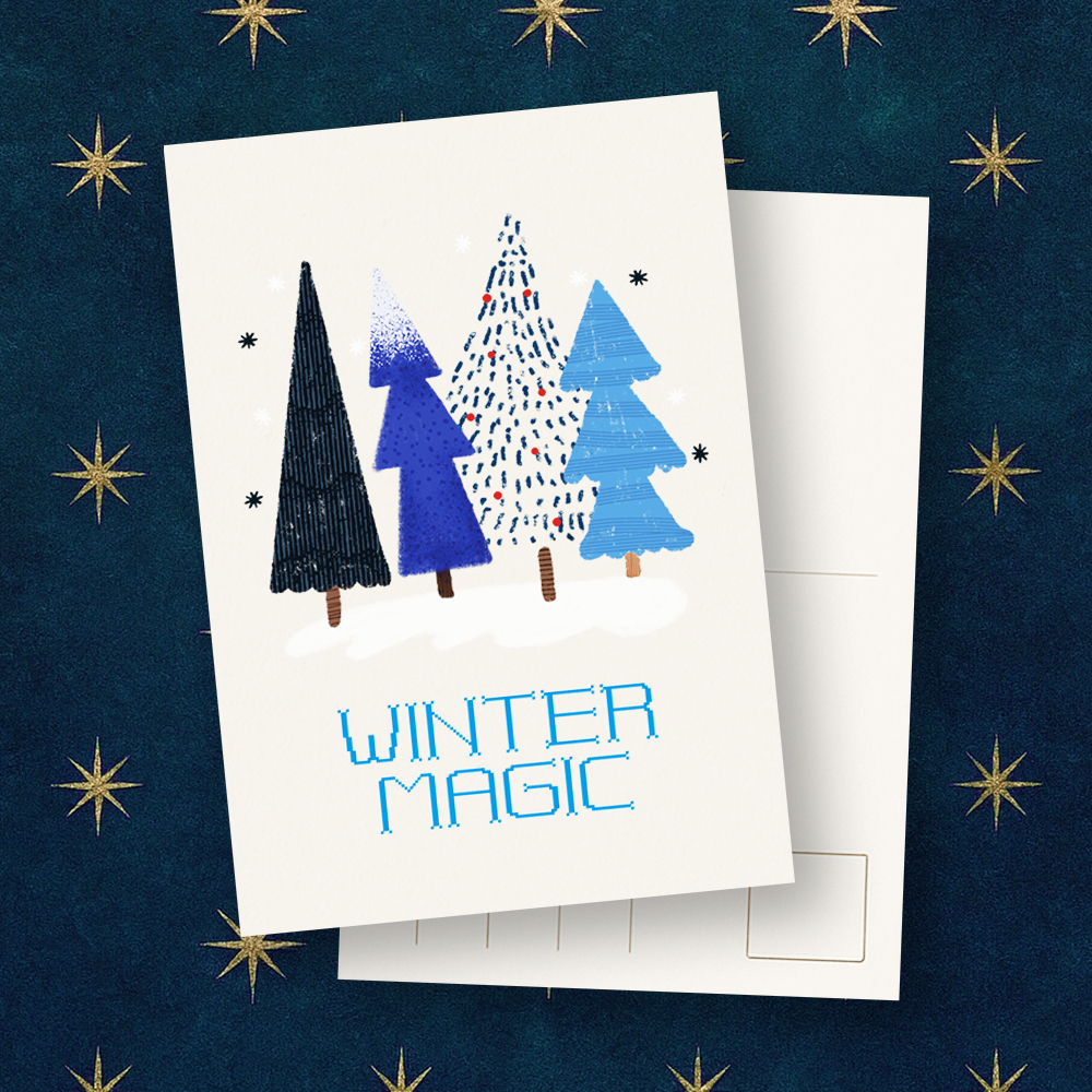 Template Winter Magic Postcard with Blue Trees