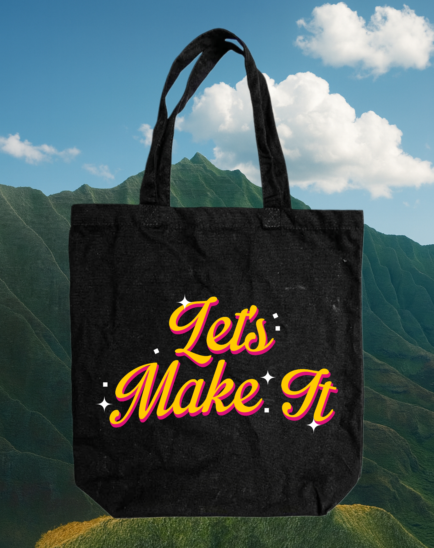 Template Vibrant Black Tote Bag Design with Motivational Text