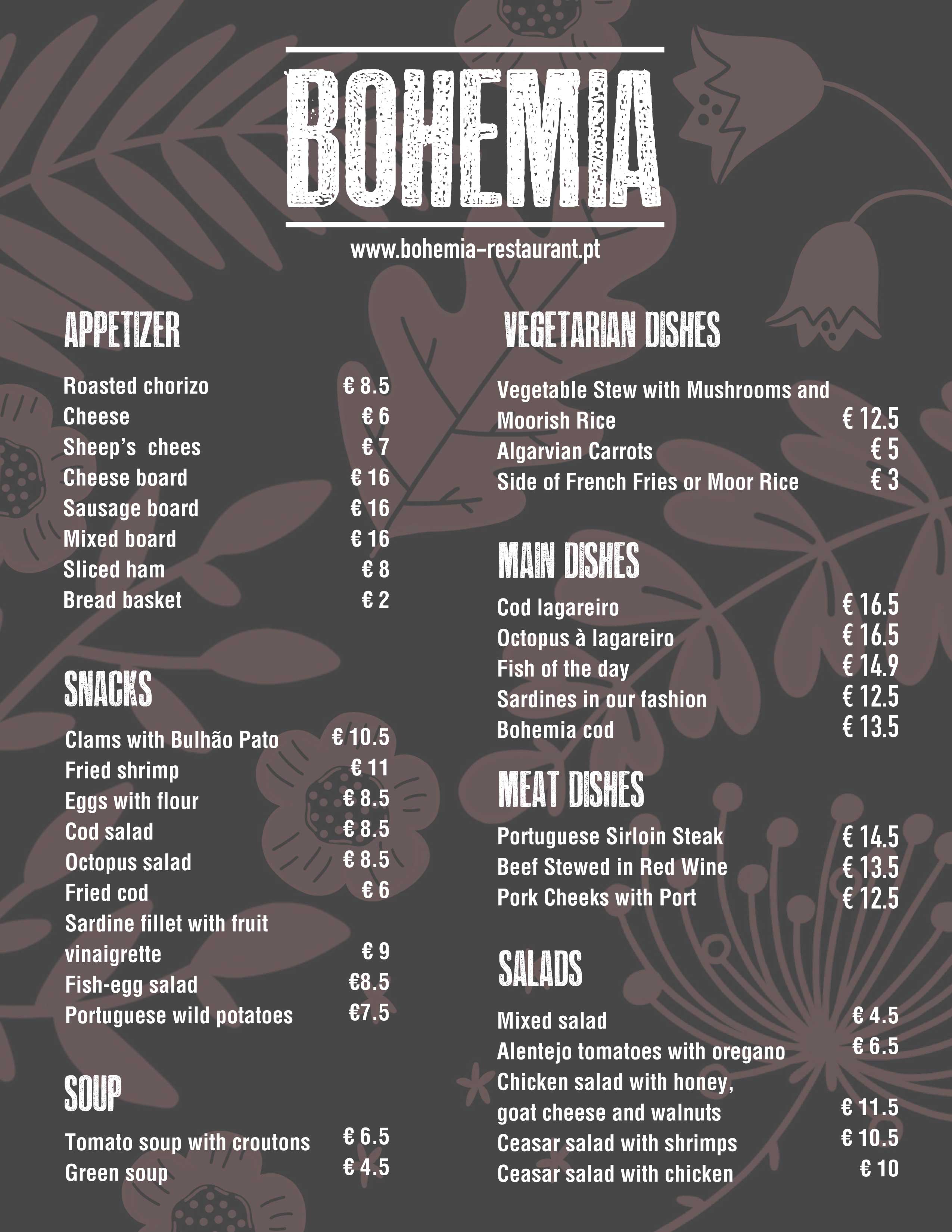 Elegant Charcoal Bohemia Menu Poster Design