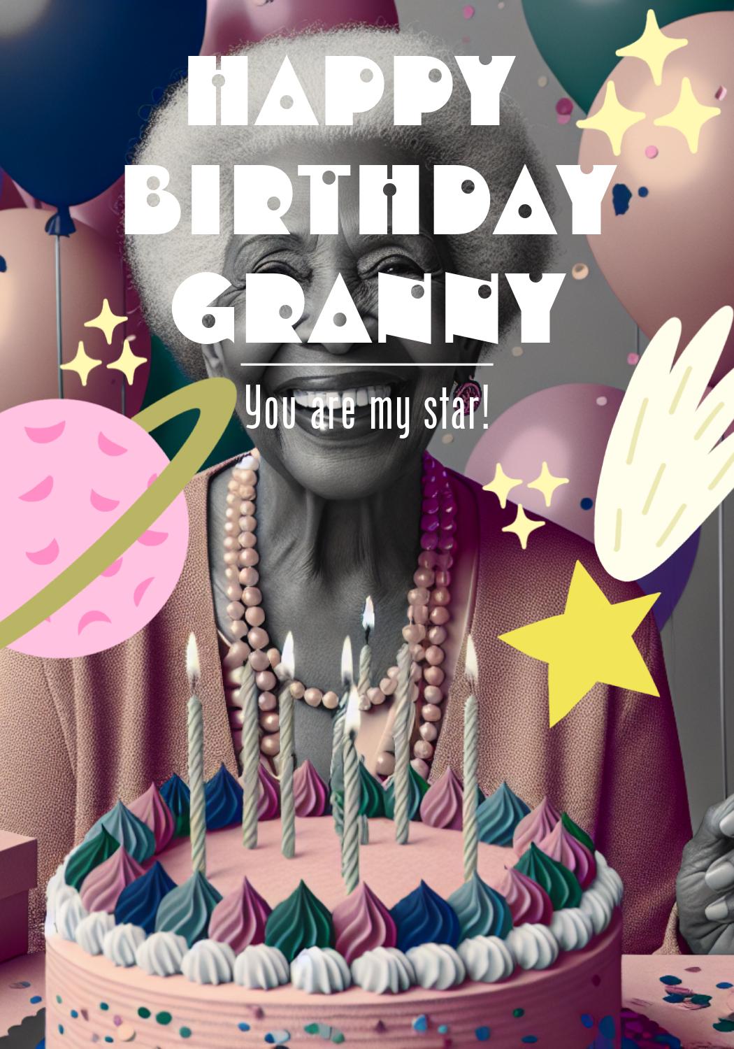 Cheerful Birthday Granny Poster in Pink and Purple