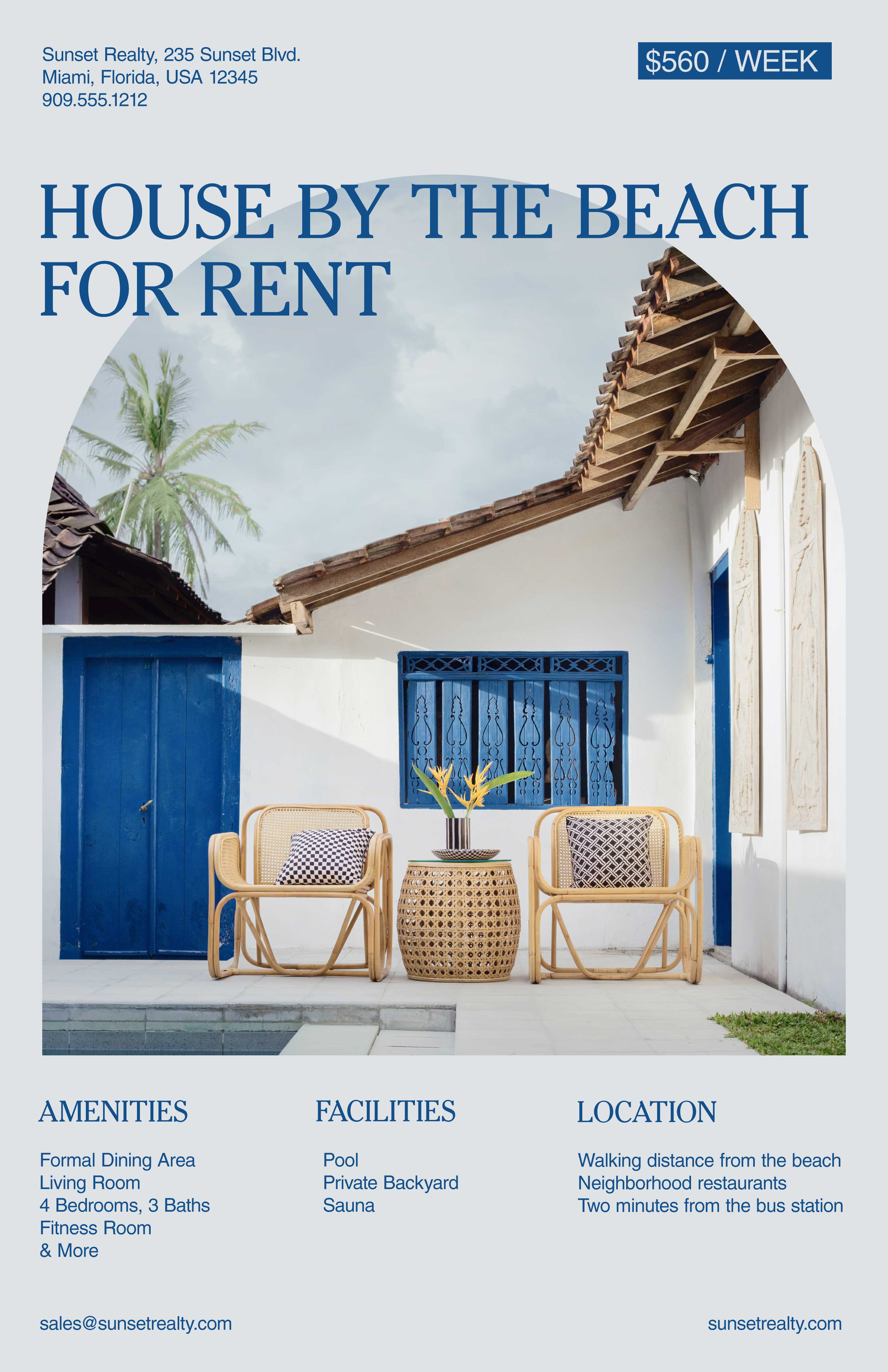 Template Oceanfront Rental Listing Poster with Blue Accents