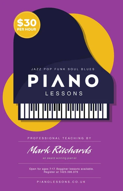 Template Vibrant Purple and Yellow Piano Lessons Poster