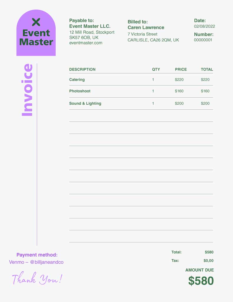 Sleek Purple Invoice Template Design