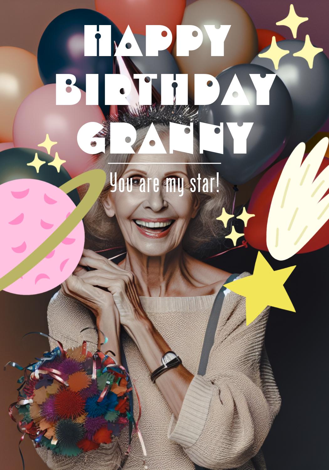 Cheerful Birthday Granny Poster in Pink and Purple