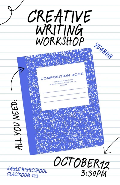 Template Blue Notebook Creative Writing Workshop Poster