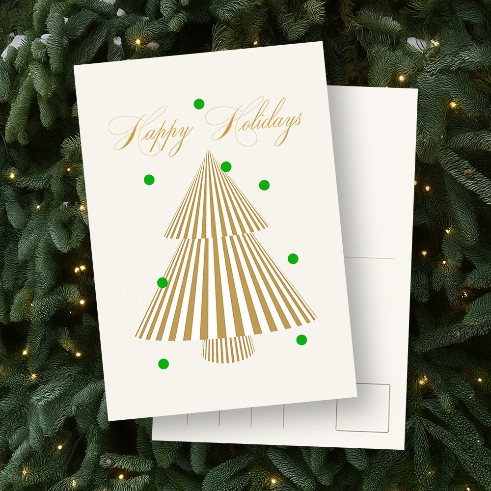 Template Elegant Golden Holiday Postcard with Tree