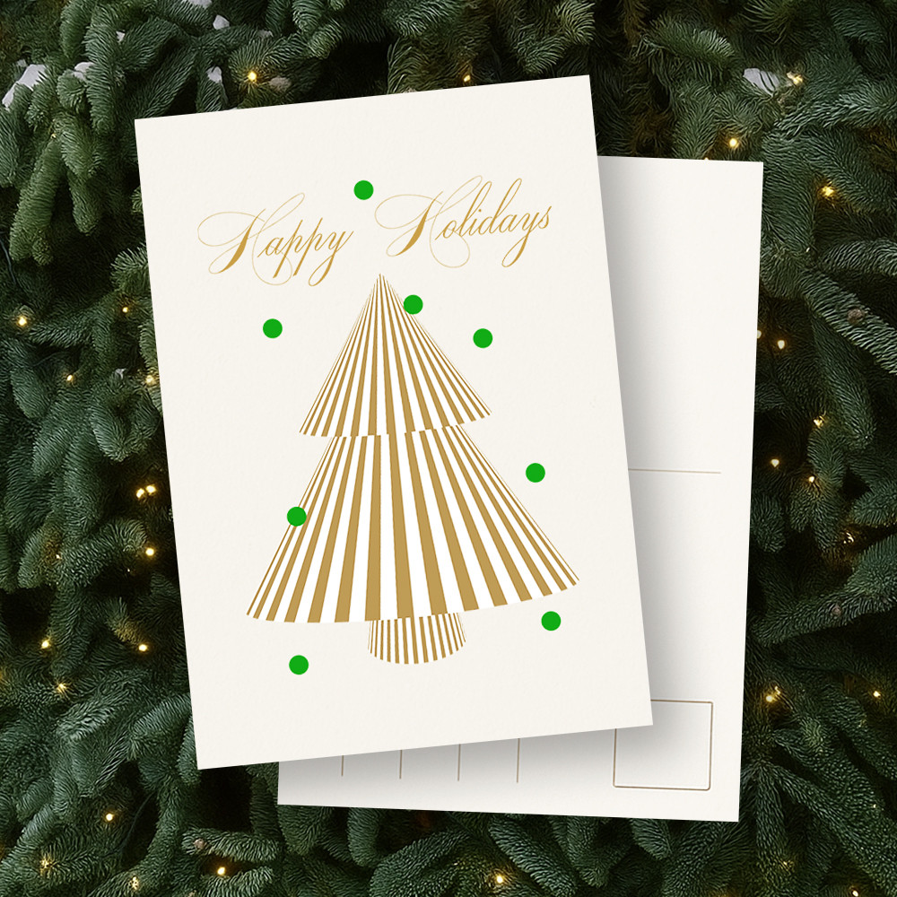 Template Elegant Golden Holiday Postcard with Tree