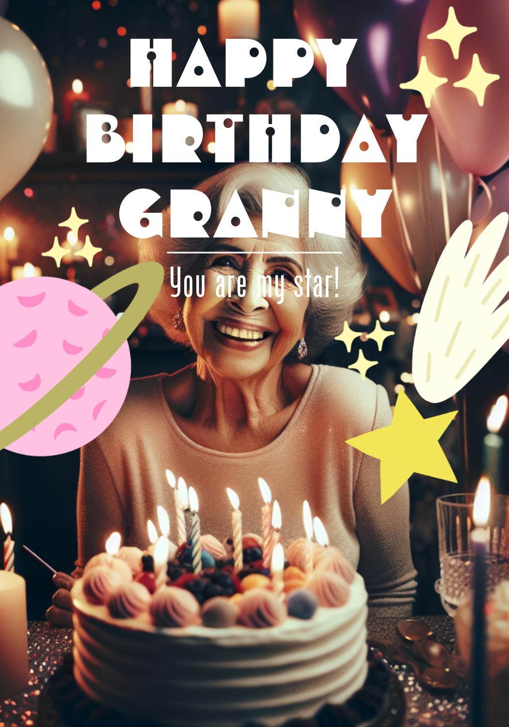 Cheerful Birthday Granny Poster in Pink and Purple