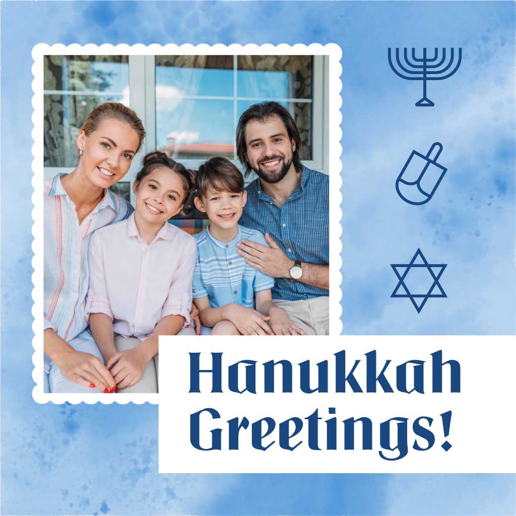 Blue Hanukkah Postcard Template for Family Greetings