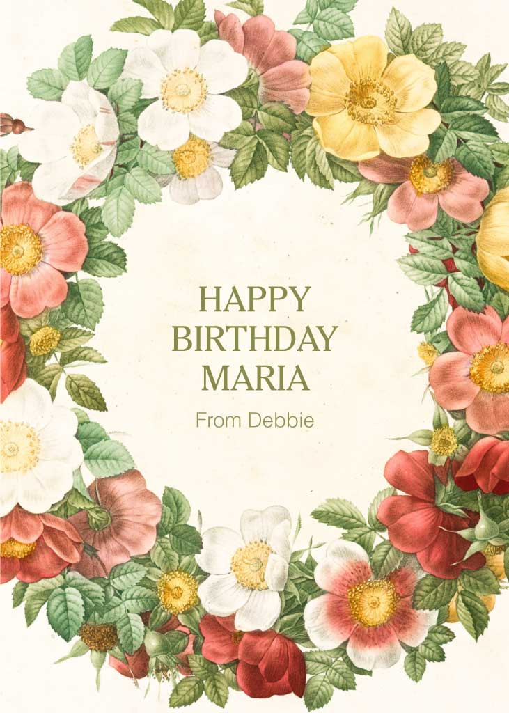 Template Elegant Floral Birthday Card Template in Ivory