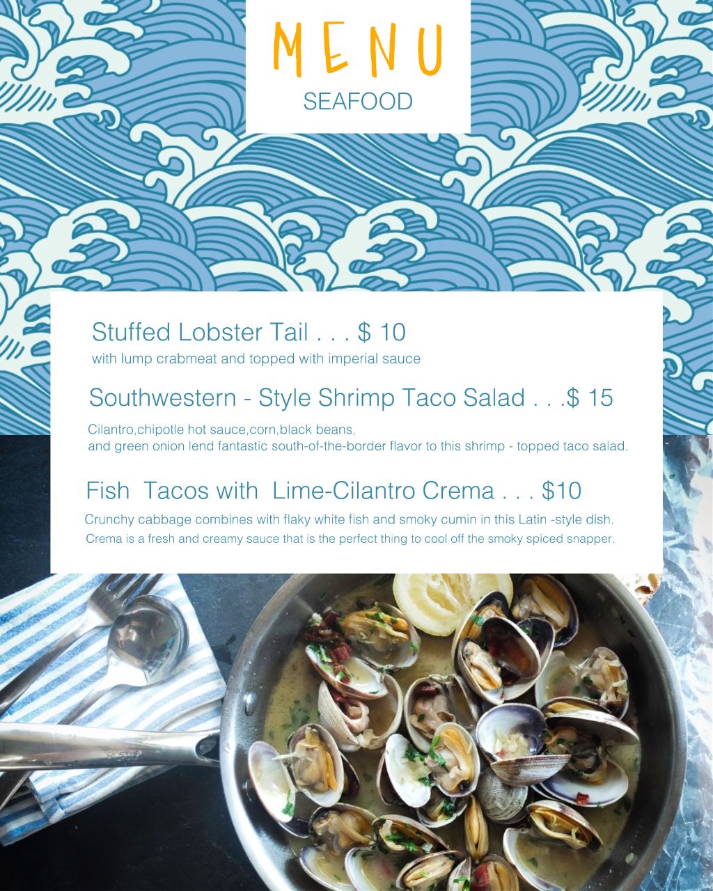 Blue Waves Seafood Menu Poster Design