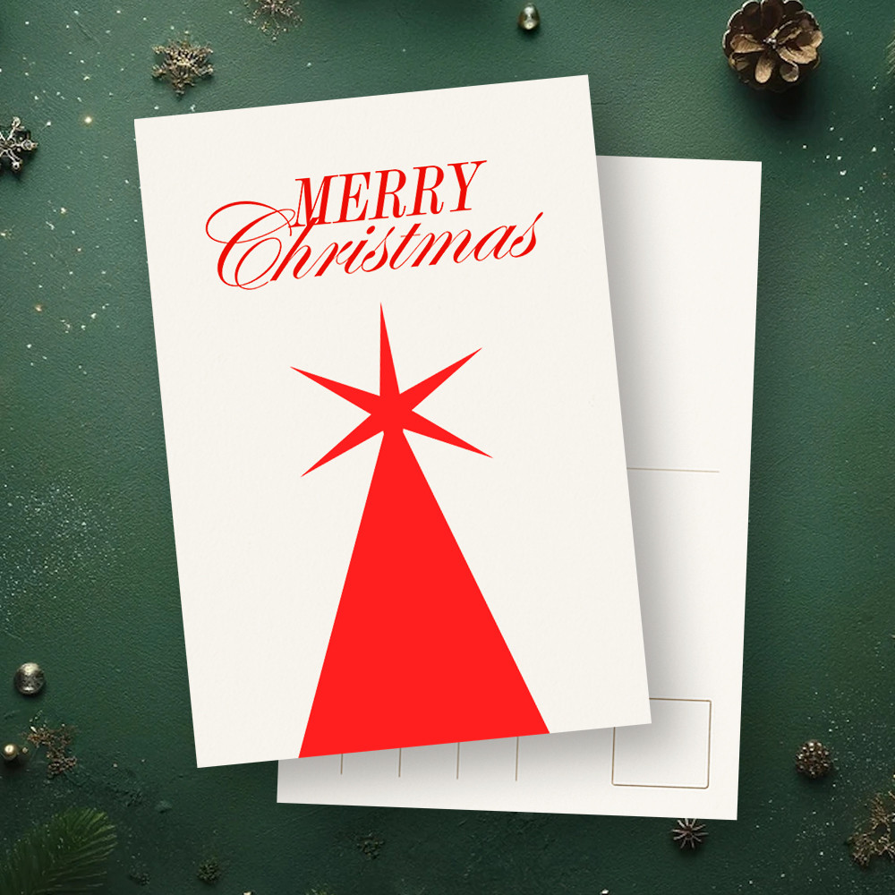 Template Merry Red Christmas Tree Postcard Design